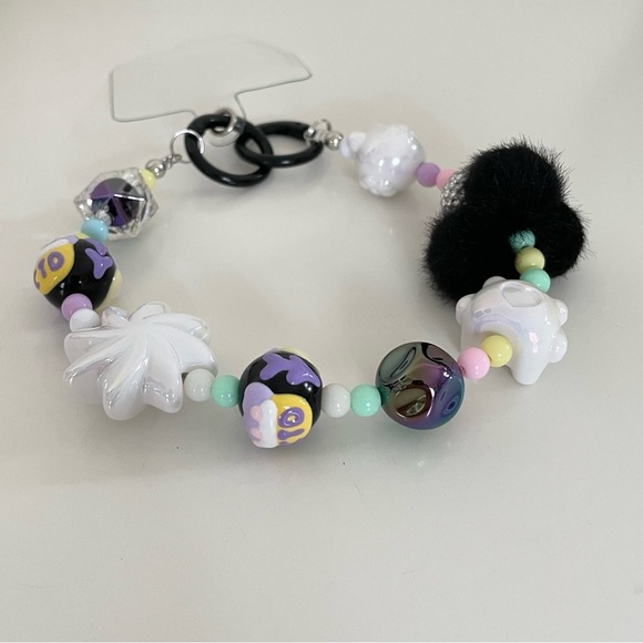 Black & Purple Pom Pom Kitty Beaded Charm Phone Accessory Wristlet with tab - Picture 14 of 17